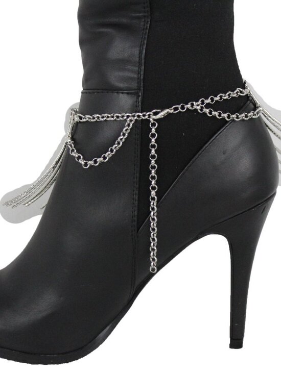 Women Boot Metal Chain Long Silver Bracelet Shoe Anklet Bling African Charm SET main image 7